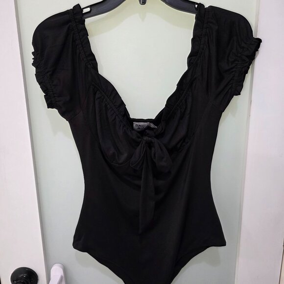Princess Polly Women’s Black Puff Sleeve Bodysuit – Size 6 – Tie Front One Piece - Picture 1 of 7